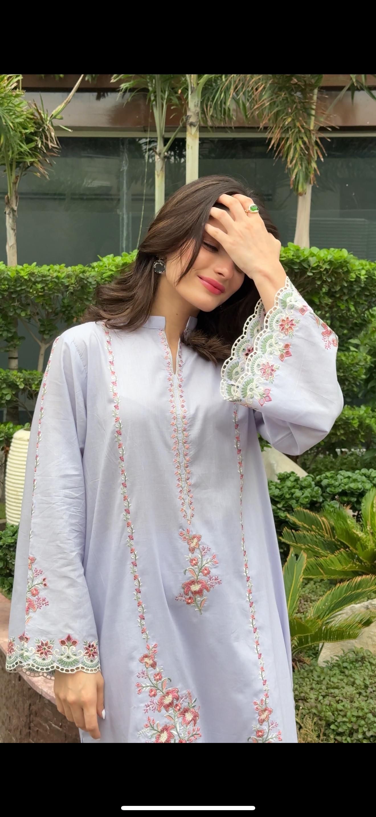 Azure Lilac Schiffli Embroidered Kurta