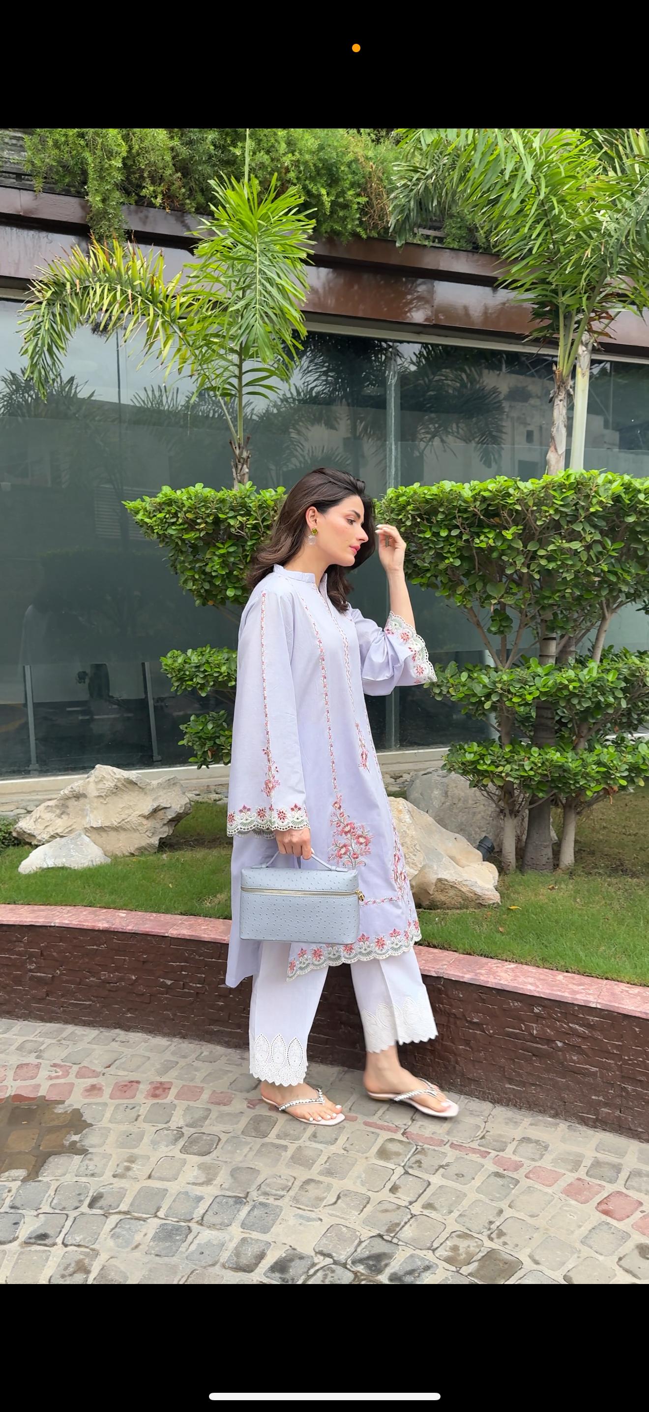 Azure Lilac Schiffli Embroidered Kurta