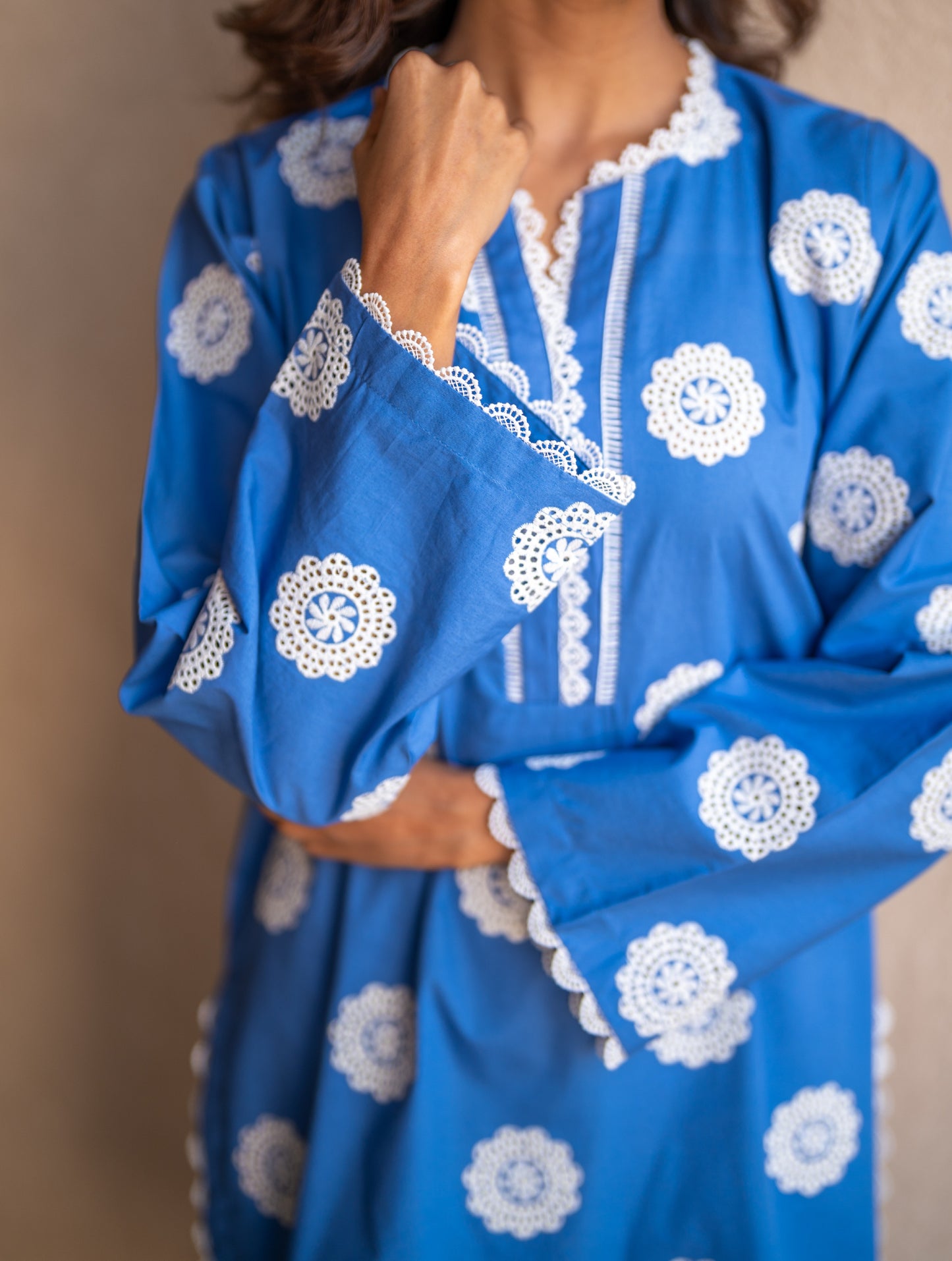 Azur Blue Schiffli Embroidered Kurta