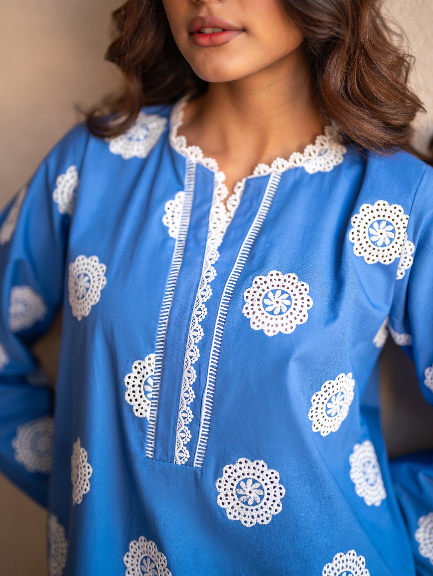 Azur Blue Schiffli Embroidered Kurta