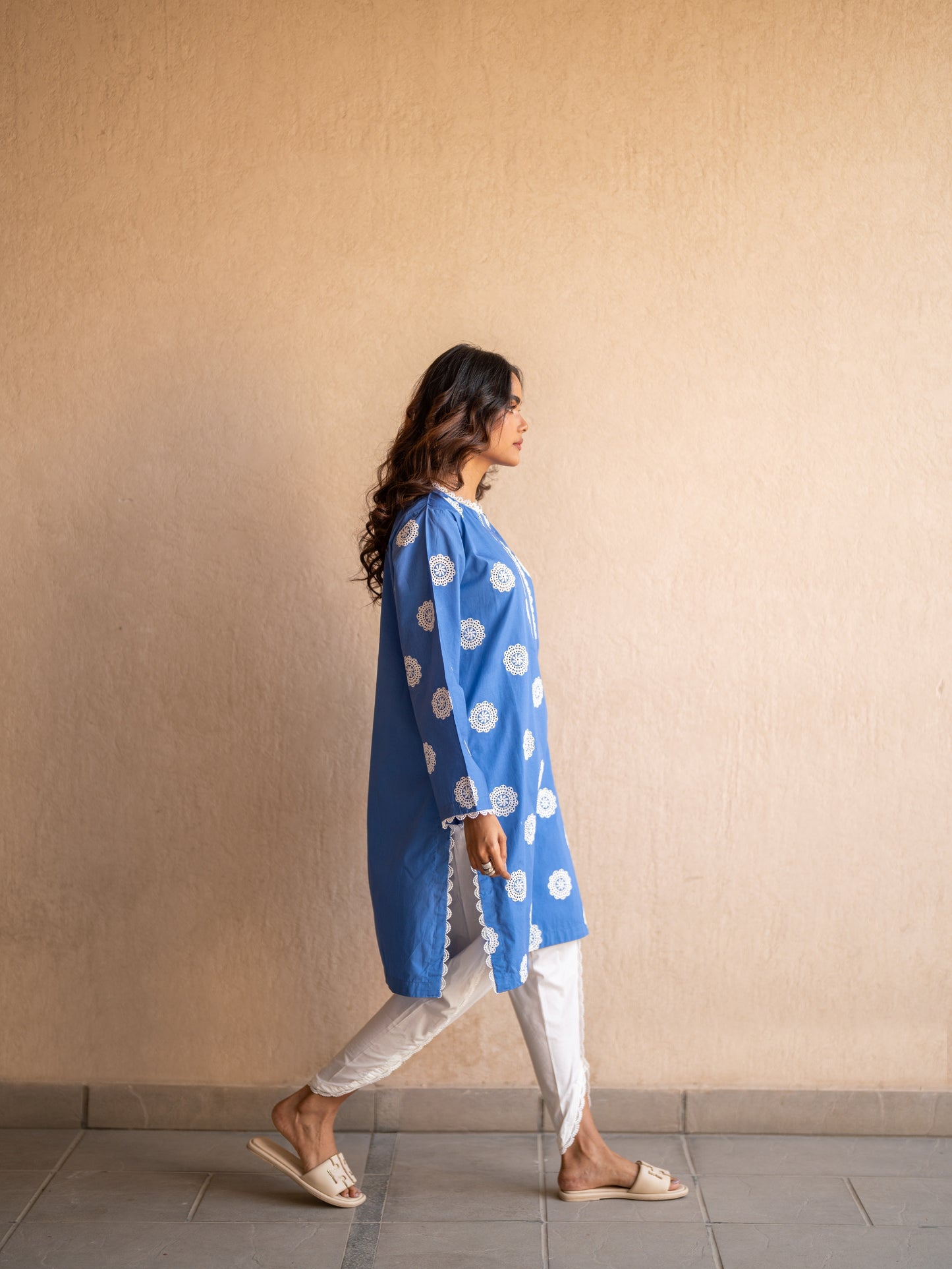 Azur Blue Schiffli Embroidered Kurta