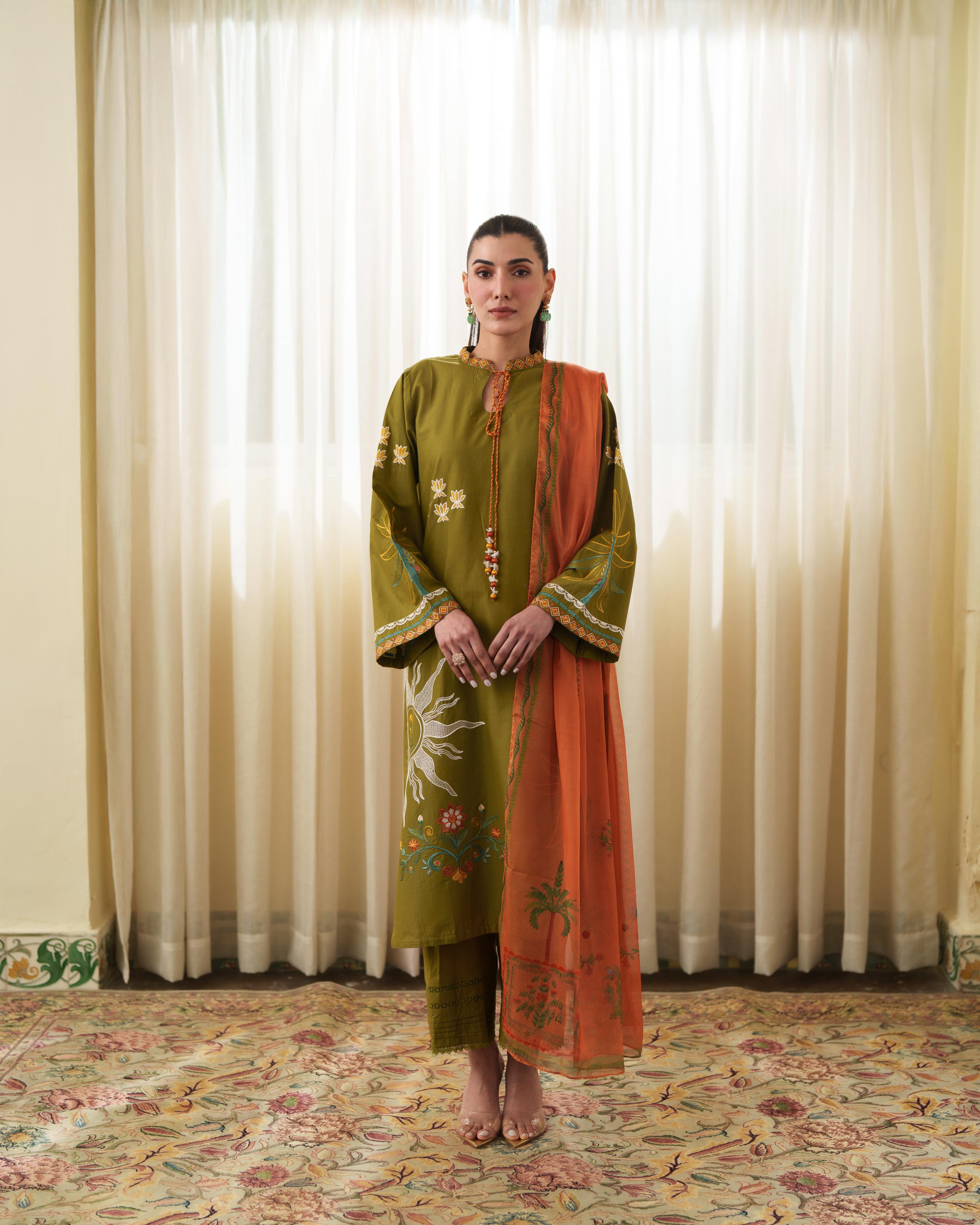 MALINA MUSTARD GREEN LUXURY EMBROIDERED LAWN 3PCS SET - READY TO WEAR