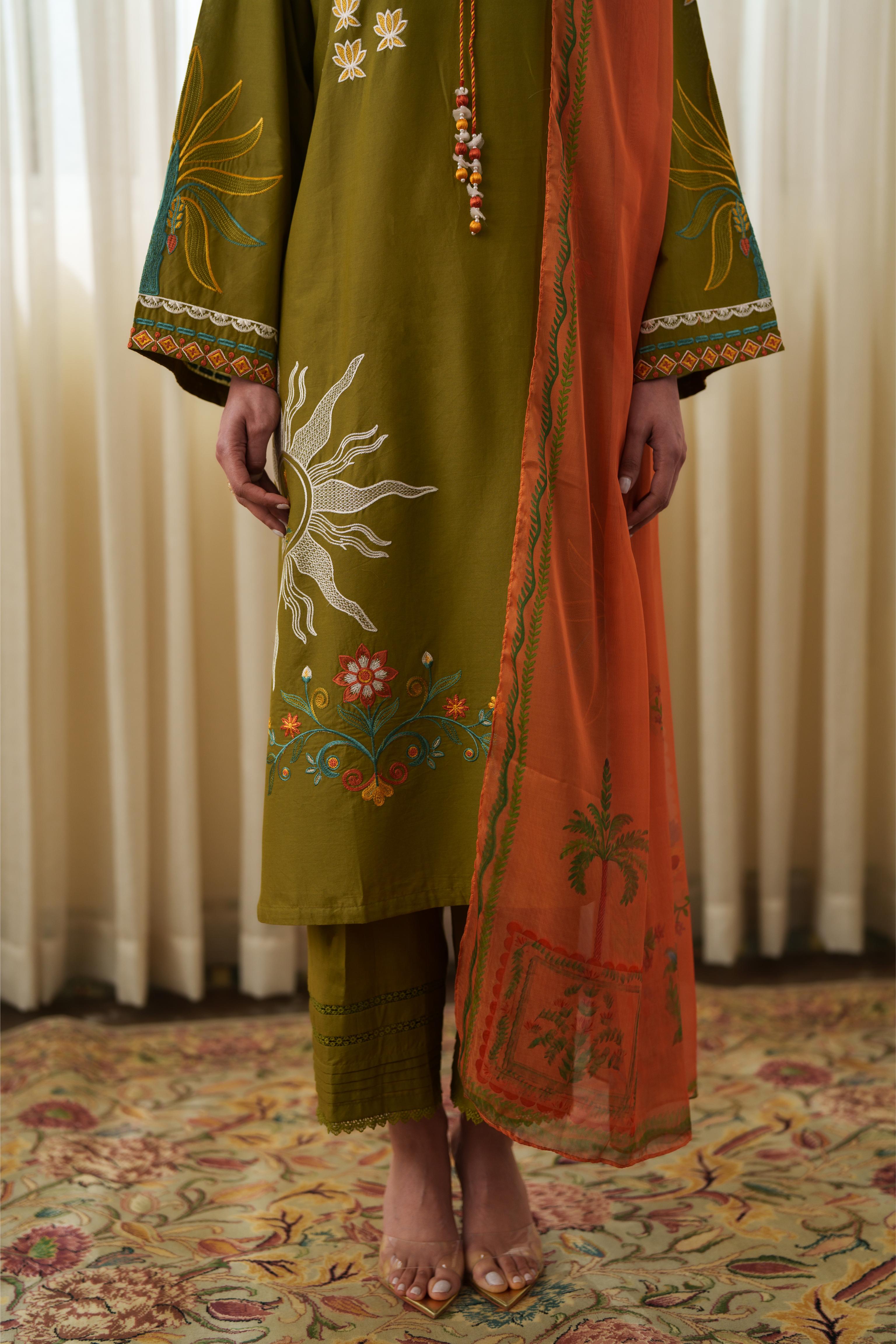 MALINA MUSTARD GREEN LUXURY EMBROIDERED LAWN 3PCS SET - READY TO WEAR
