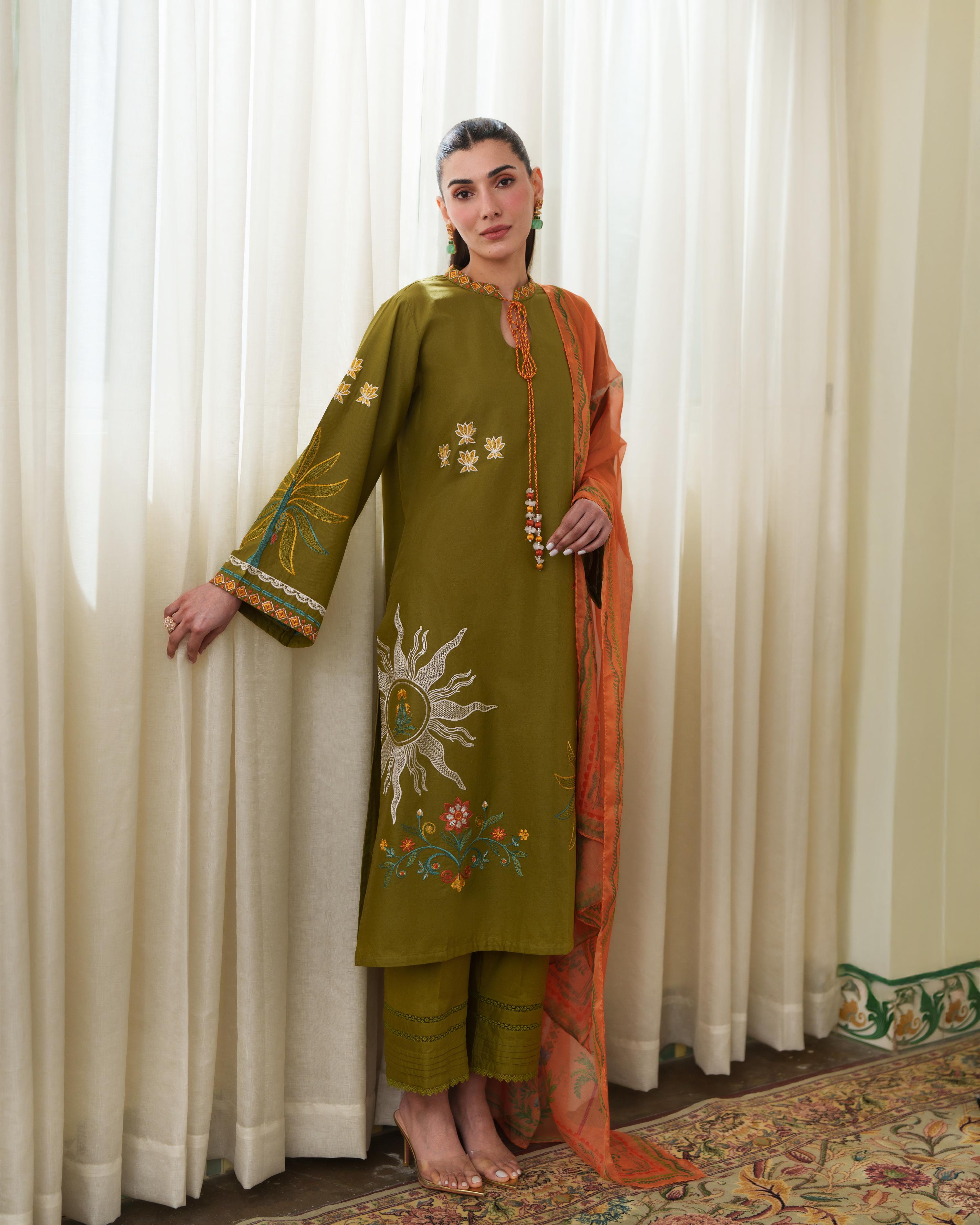 MALINA MUSTARD GREEN LUXURY EMBROIDERED LAWN 3PCS SET - READY TO WEAR