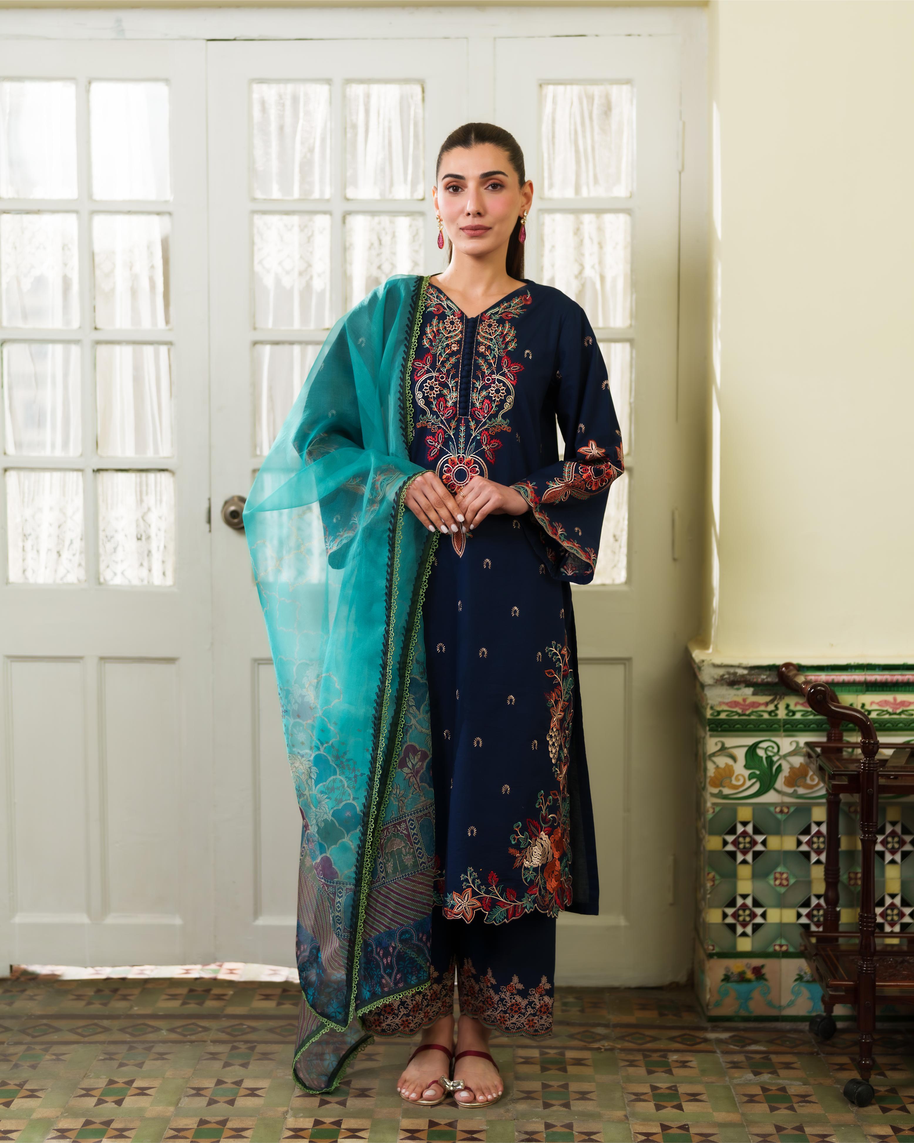 LIANA NAVY BLUE LUXURY EMBROIDERED LAWN 3PCS SET - READY TO WEAR
