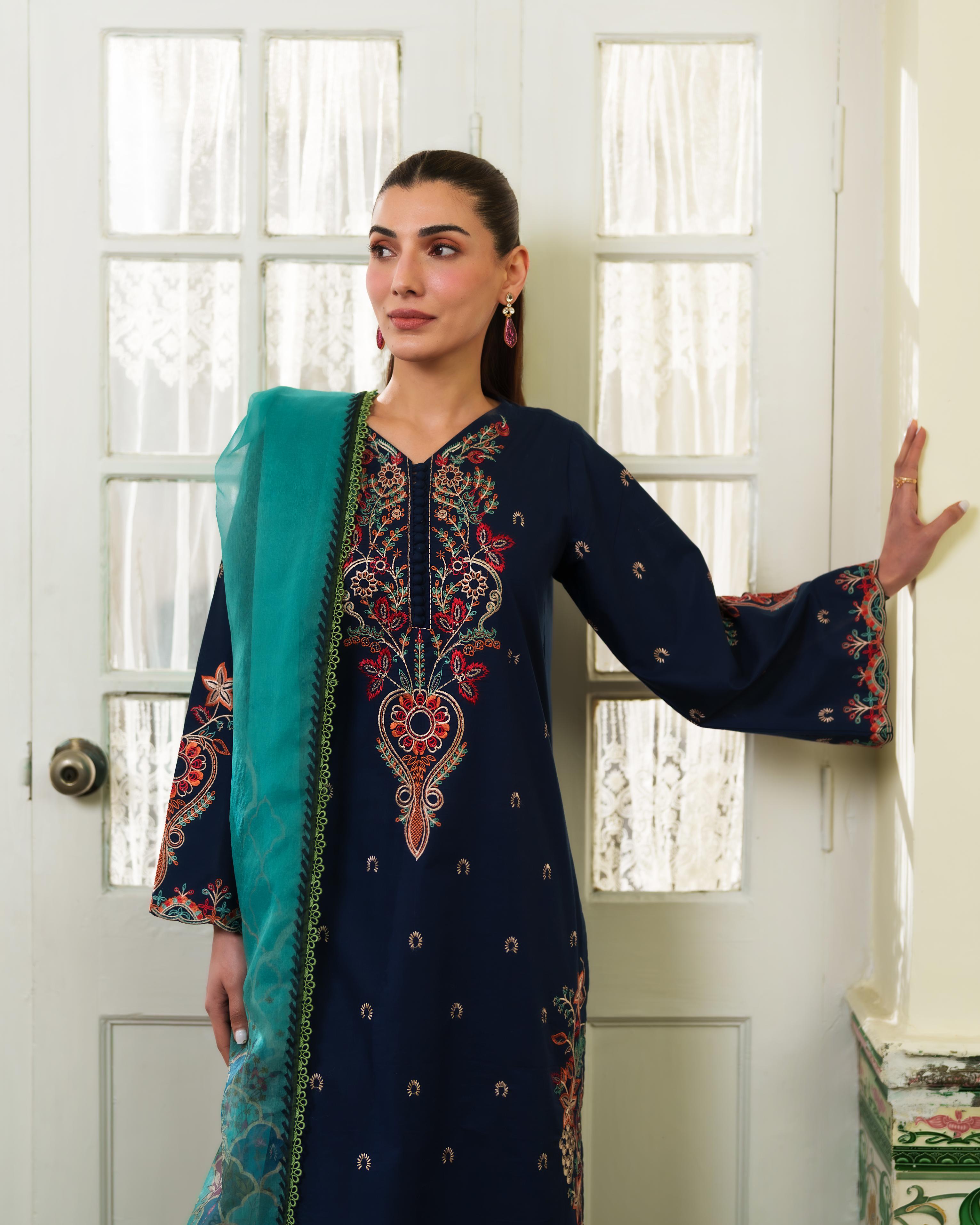 LIANA NAVY BLUE LUXURY EMBROIDERED LAWN 3PCS SET - READY TO WEAR