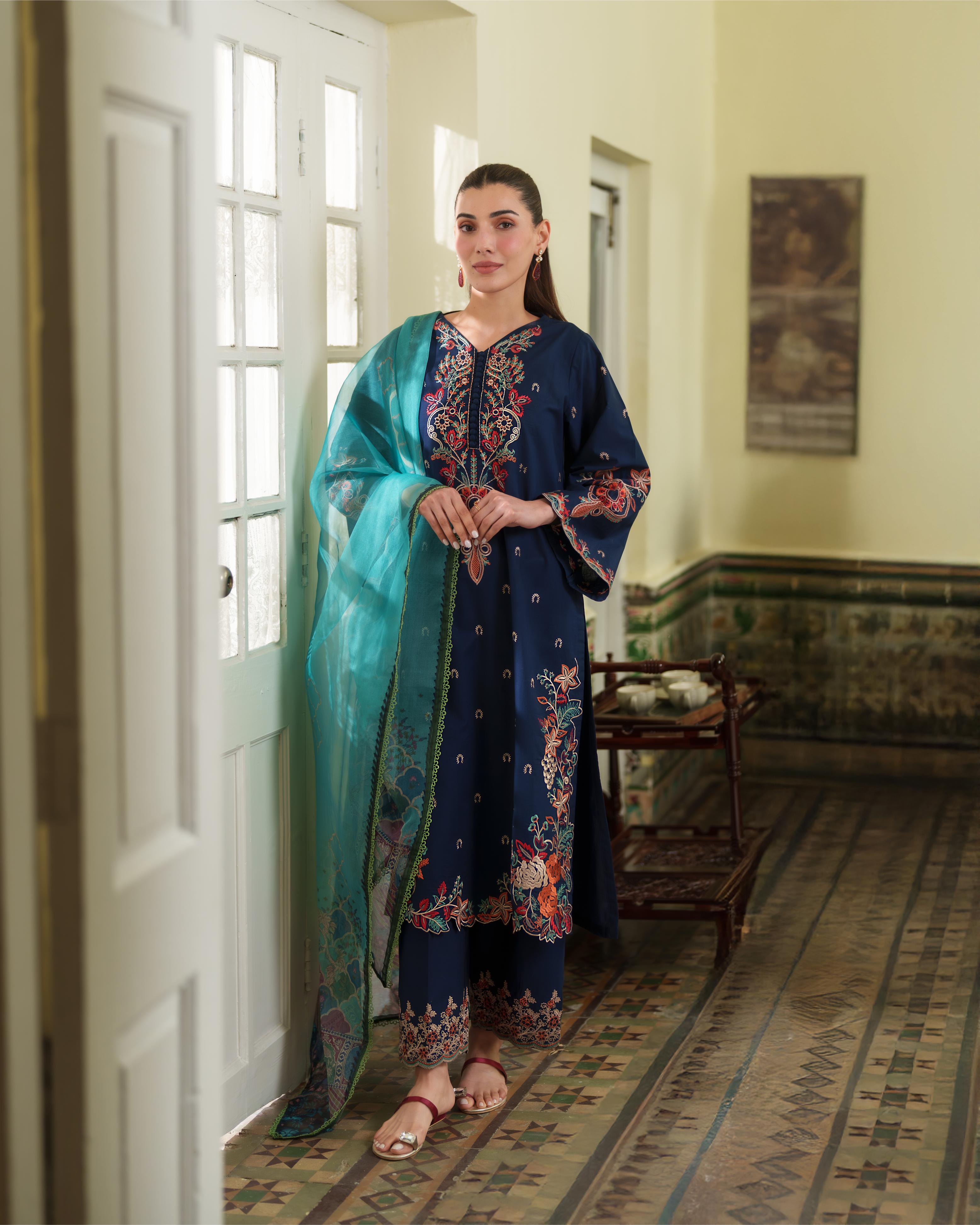 LIANA NAVY BLUE LUXURY EMBROIDERED LAWN 3PCS SET - READY TO WEAR