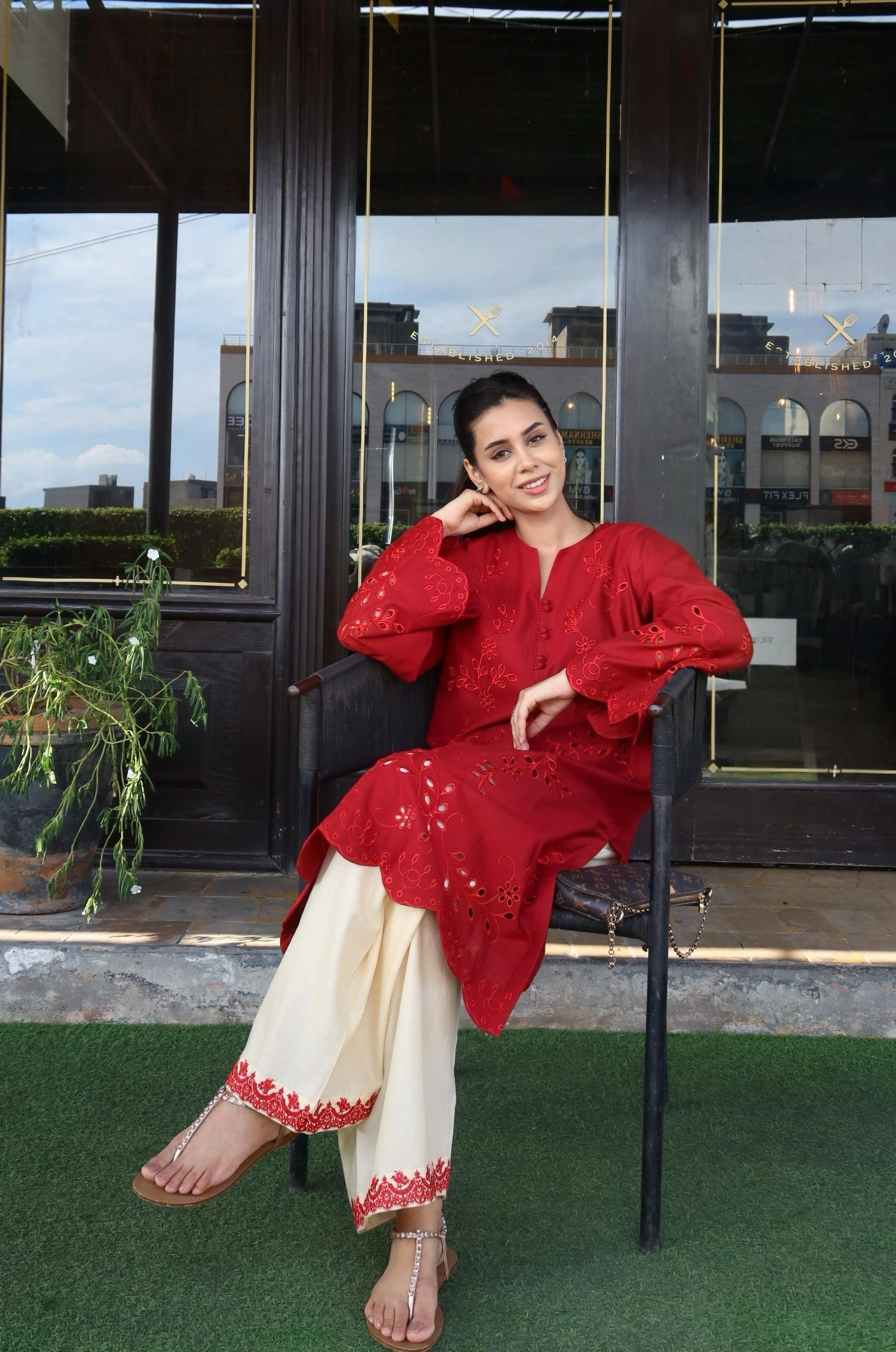 Poppy - Maroon Schiffli CO-ORD Set