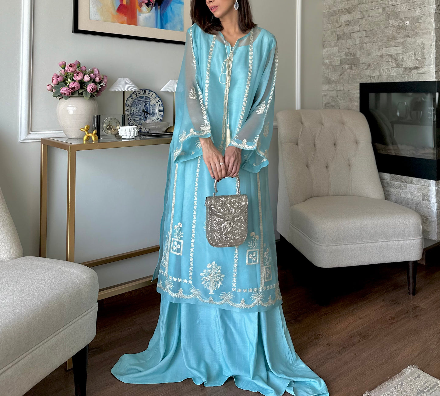 Teal Whisper - Festive Embroidered Suit