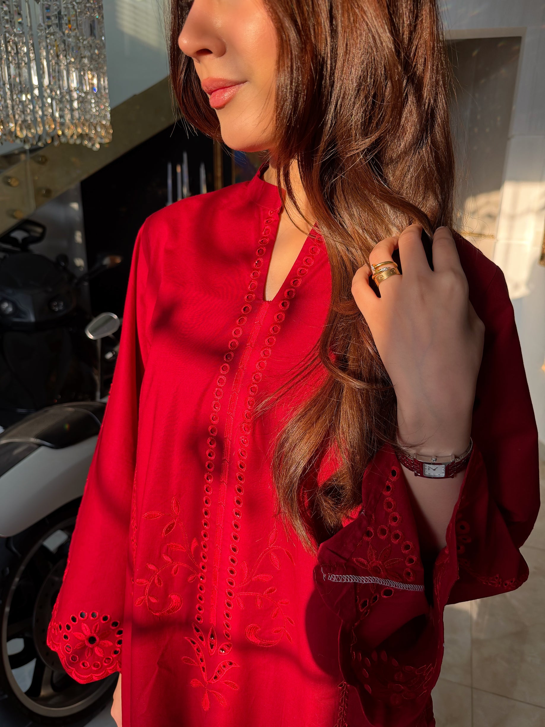 Red Petunia- Maroon Schiffli CO-ORD Set (Pre-Order)