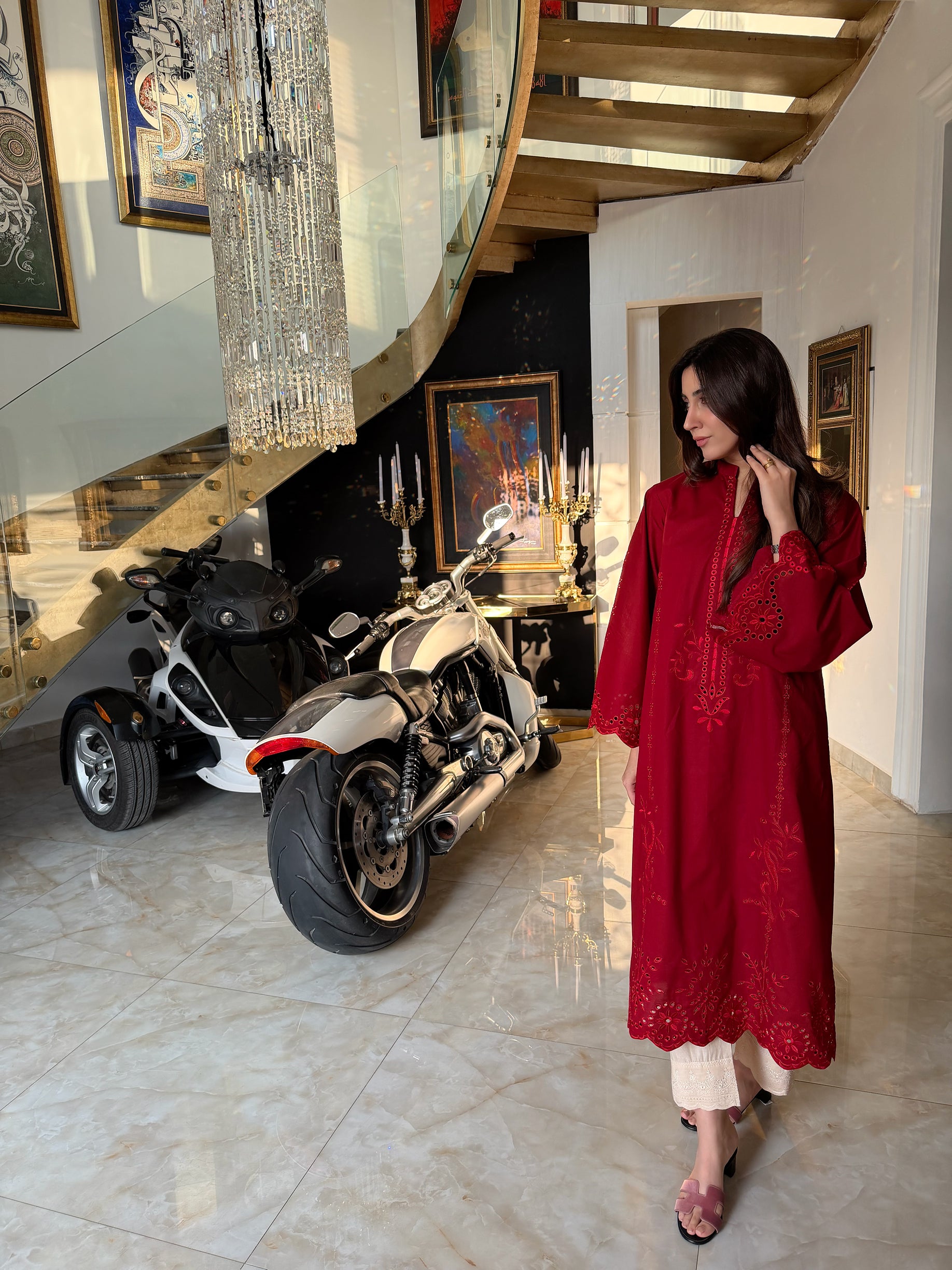 Red Petunia- Maroon Schiffli CO-ORD Set