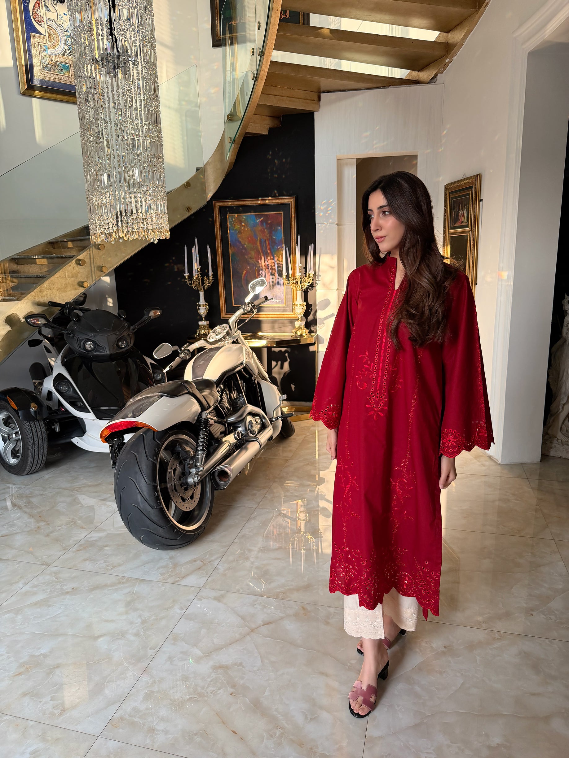 Red Petunia- Maroon Schiffli CO-ORD Set