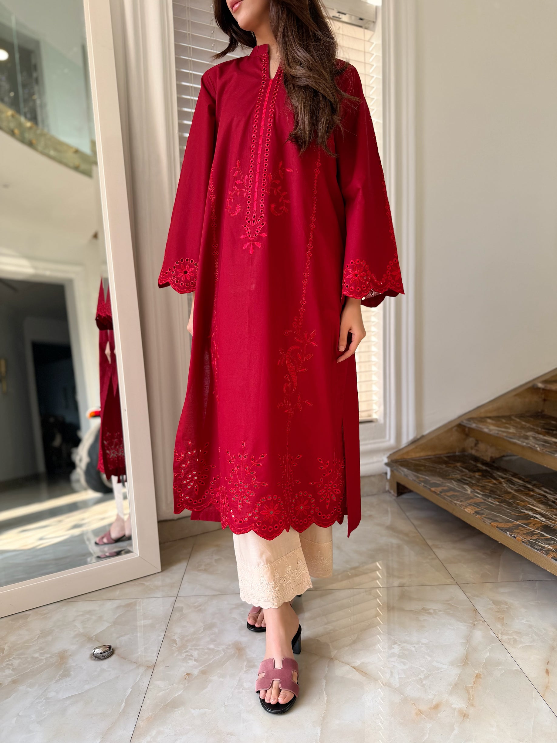 Red Petunia- Maroon Schiffli CO-ORD Set (Pre-Order)