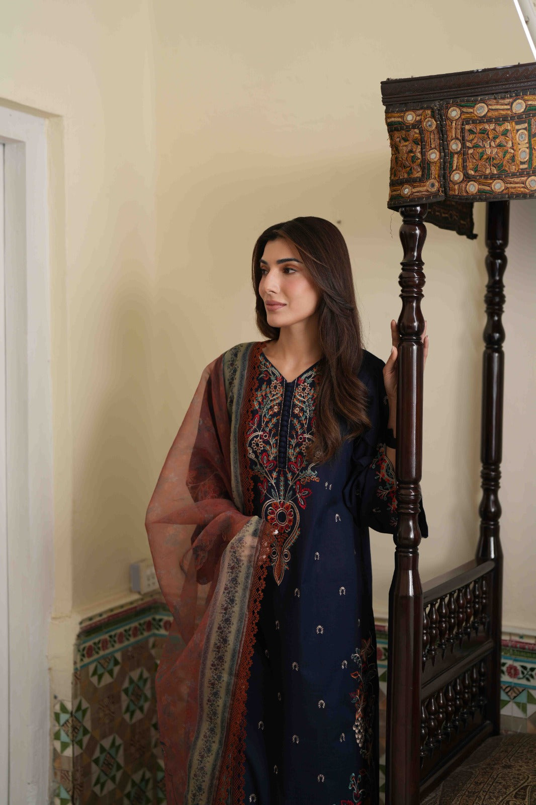 LIANA NAVY BLUE EMBROIDERED 3PC SET - BROWN DUPATTA