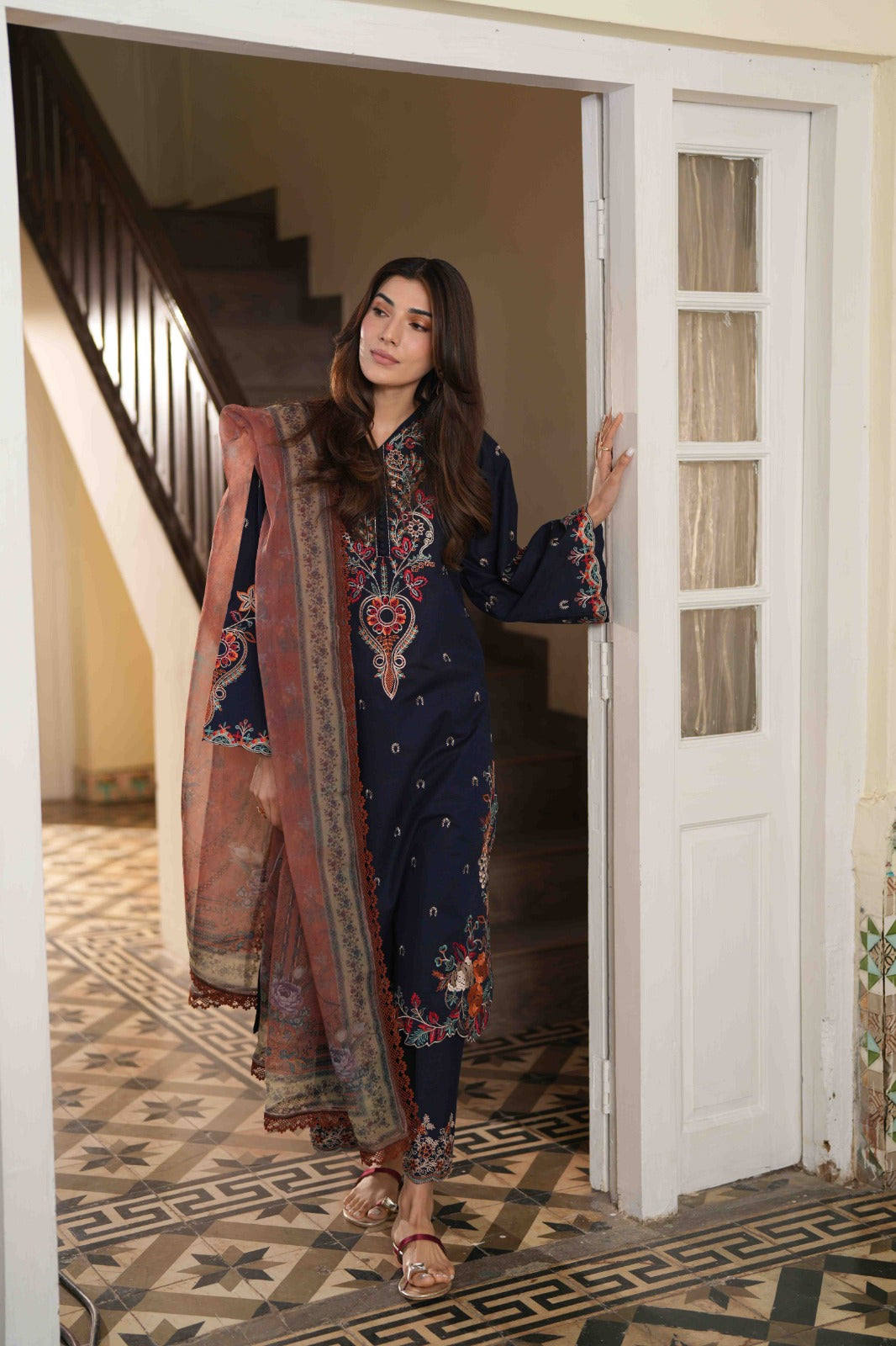 LIANA NAVY BLUE EMBROIDERED 3PC SET - BROWN DUPATTA