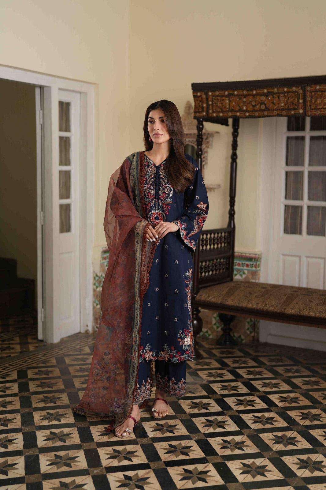 LIANA NAVY BLUE EMBROIDERED 3PC SET - BROWN DUPATTA