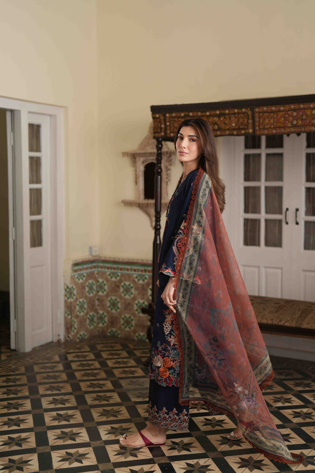 LIANA NAVY BLUE EMBROIDERED 3PC SET - BROWN DUPATTA