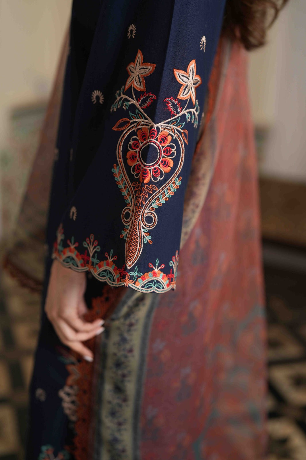 LIANA NAVY BLUE EMBROIDERED 3PC SET - BROWN DUPATTA