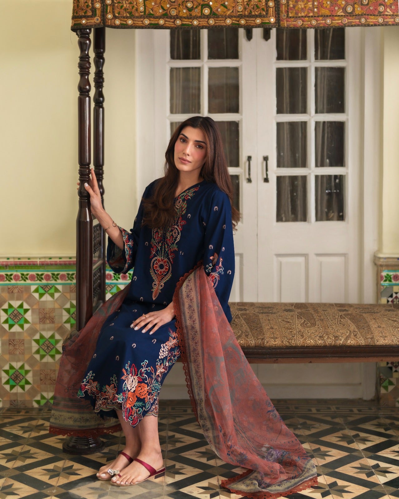 LIANA NAVY BLUE EMBROIDERED 3PC SET - BROWN DUPATTA