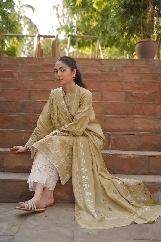 Hollyhocks Dupatta - Beige