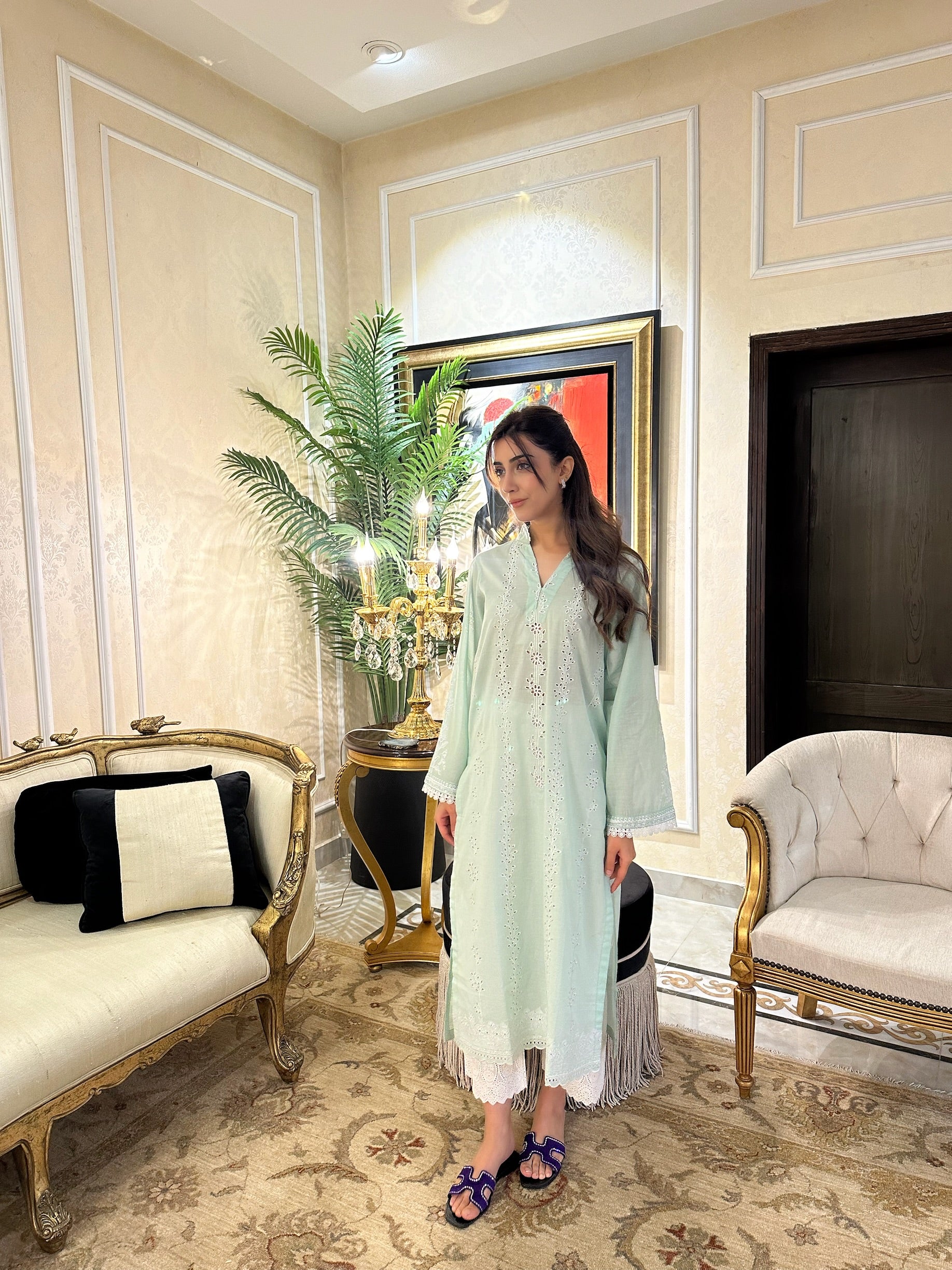 White Lily - Sage Green Schiffli Kurta