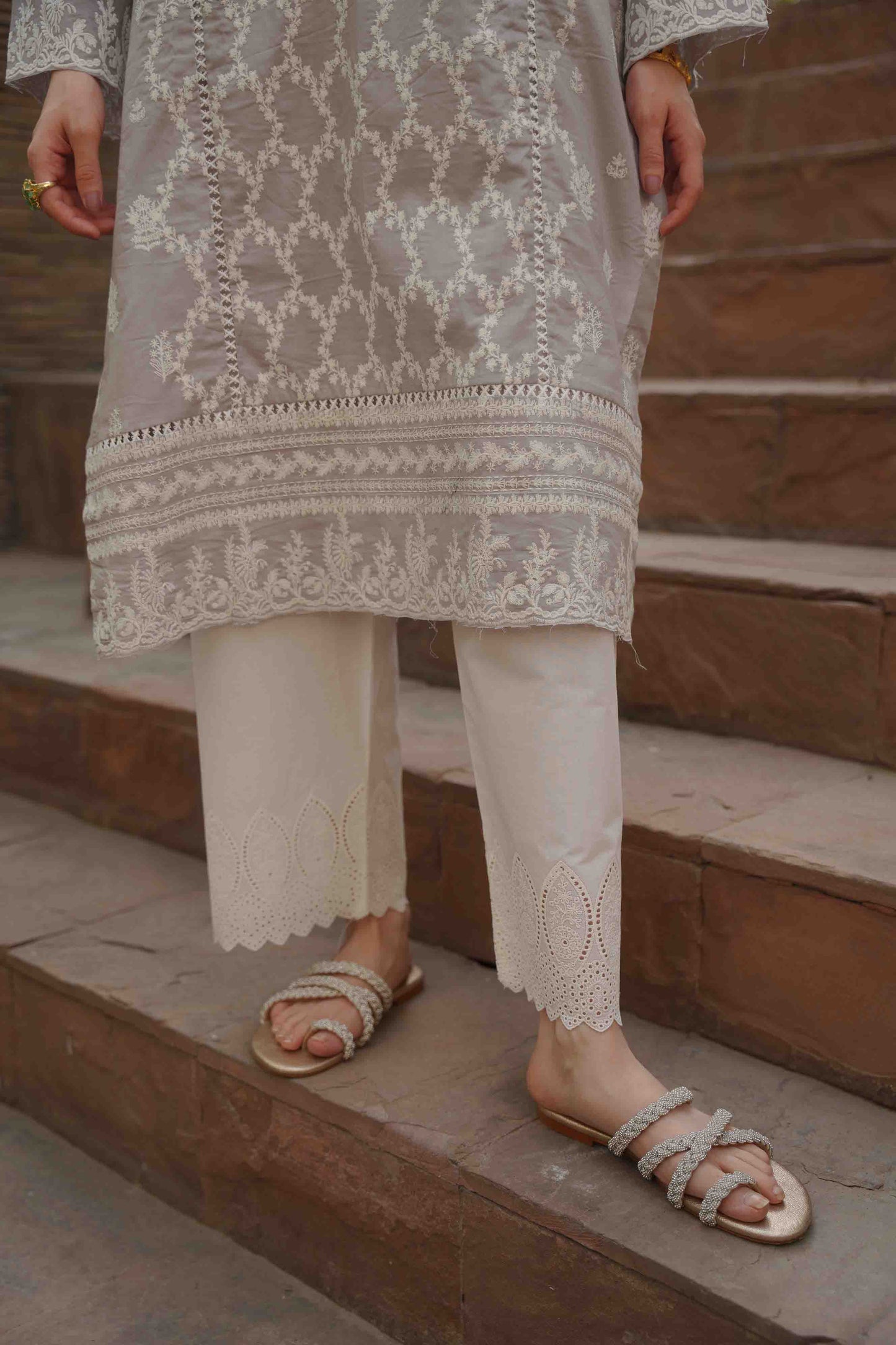 White Schiffli Eyelet Pants