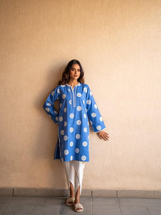 Azur Blue Schiffli Embroidered Kurta