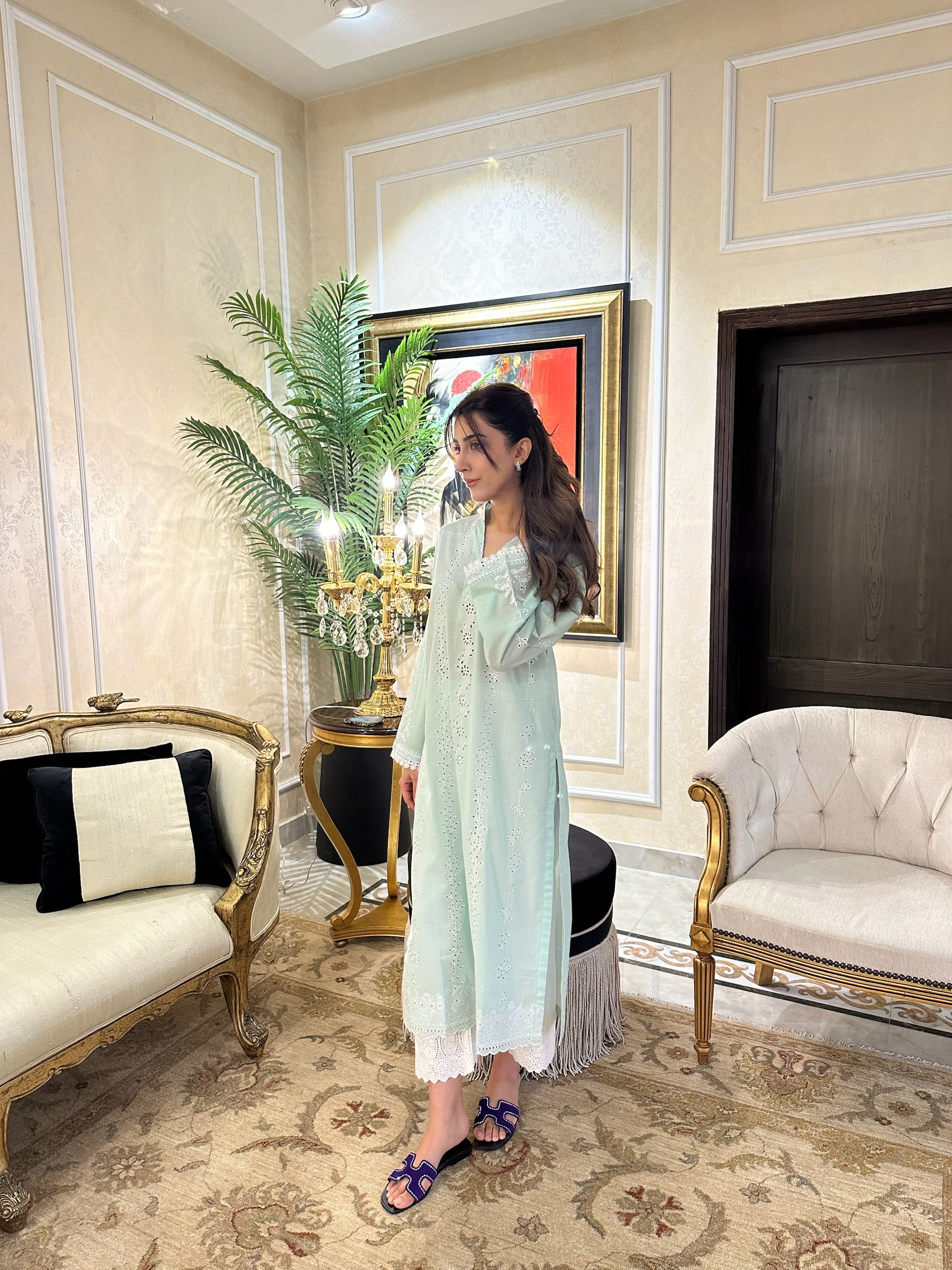 White Lily - Sage Green Schiffli Kurta Naarj White Lily - Sage Green Schiffli Kurta Naarj