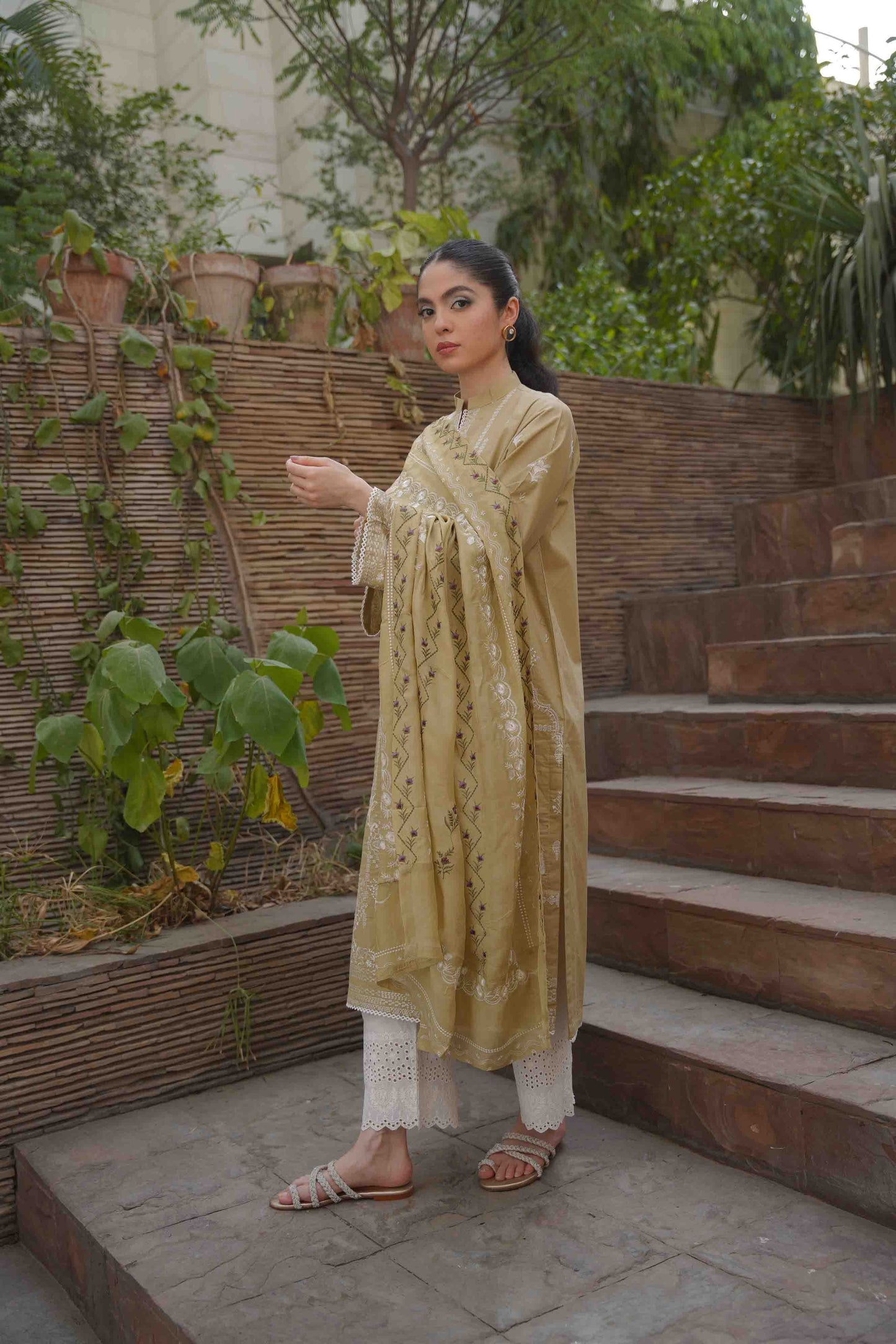 Hollyhocks Dupatta - Beige