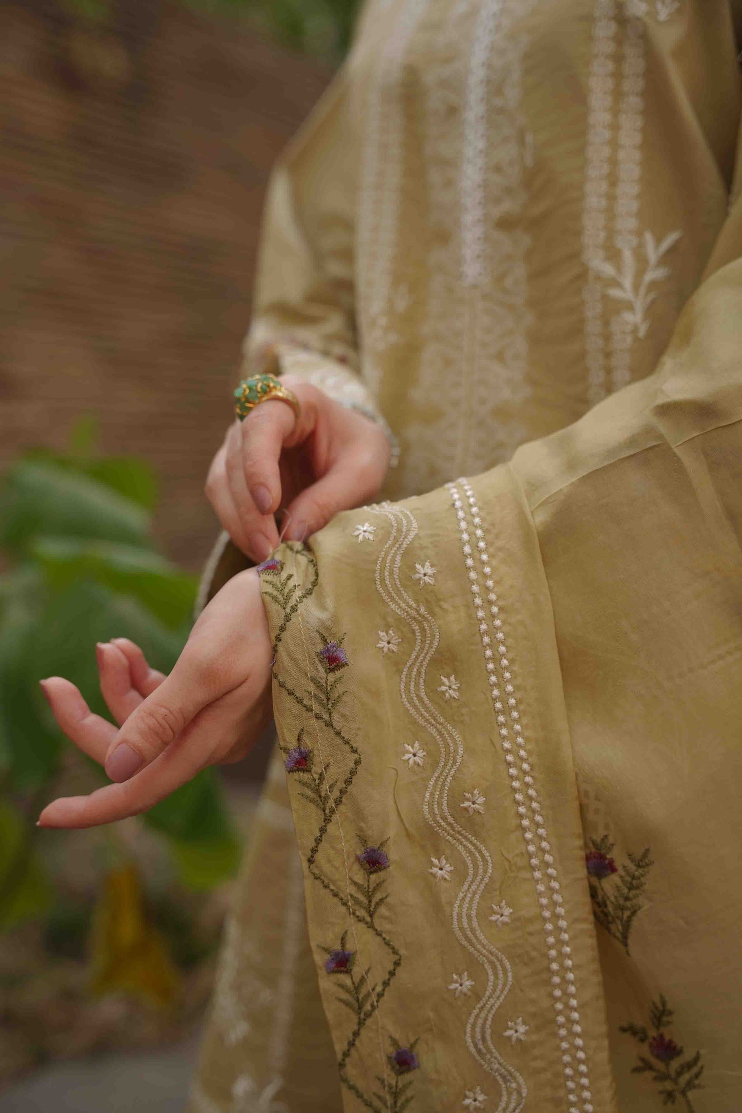 Hollyhocks Dupatta - Beige