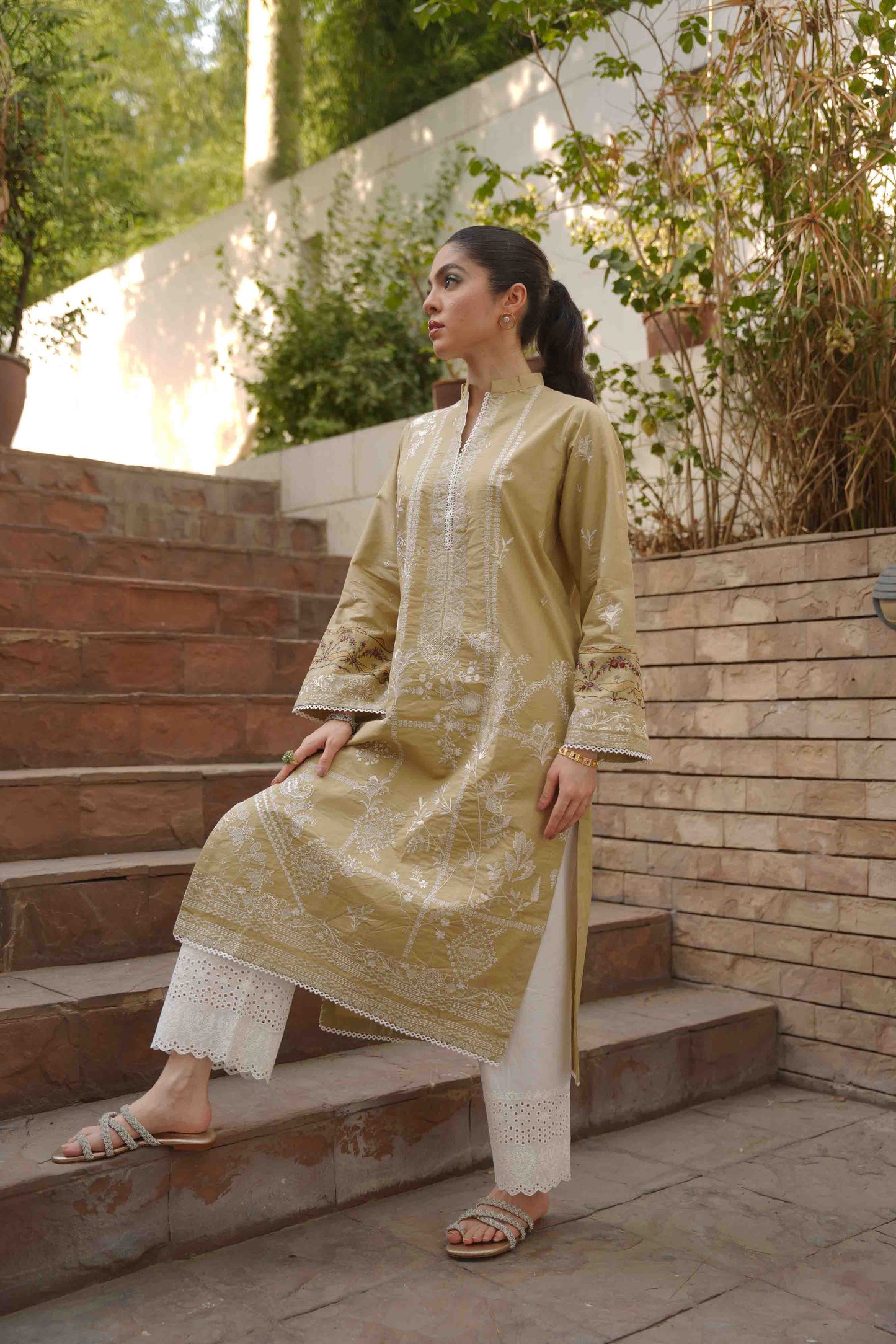 Hollyhocks Kurta - Beige